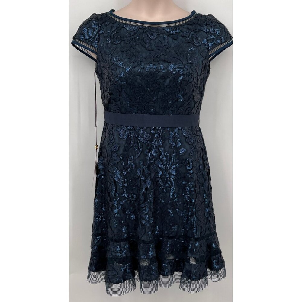 Tadashi Shoji Embellished Fit & Flare Dress Size 10P Navy Blue Sequin Lined